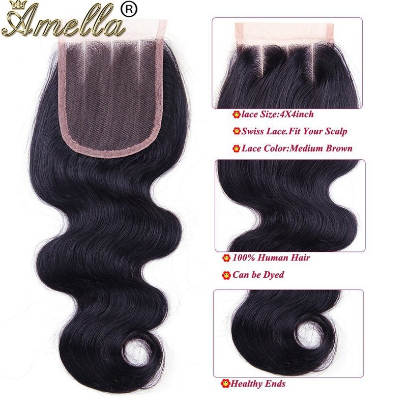 Amella Hair 8A Brazilian Body Wave with Lace Closure (12 14 16+10 Three part) 100% Unprocessed Virgin Brazilian Body Wave Human Hair Extensions with 4x4 Lace Closure Natural Color 315g in Total - Image 4